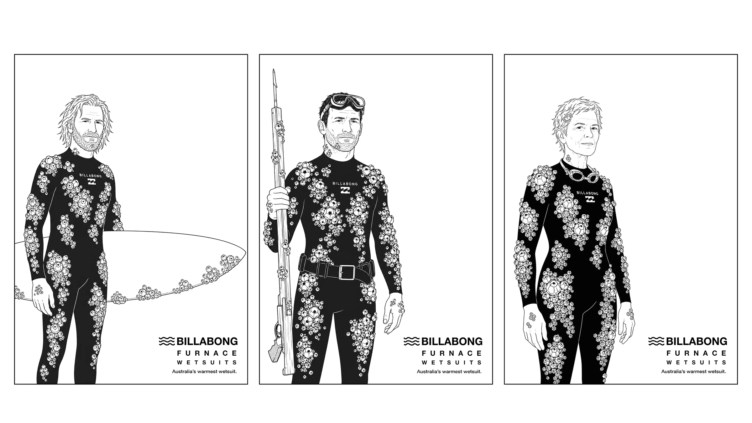 Three posters. Surfers and divers whose Furnace wetsuits have grown a reef.