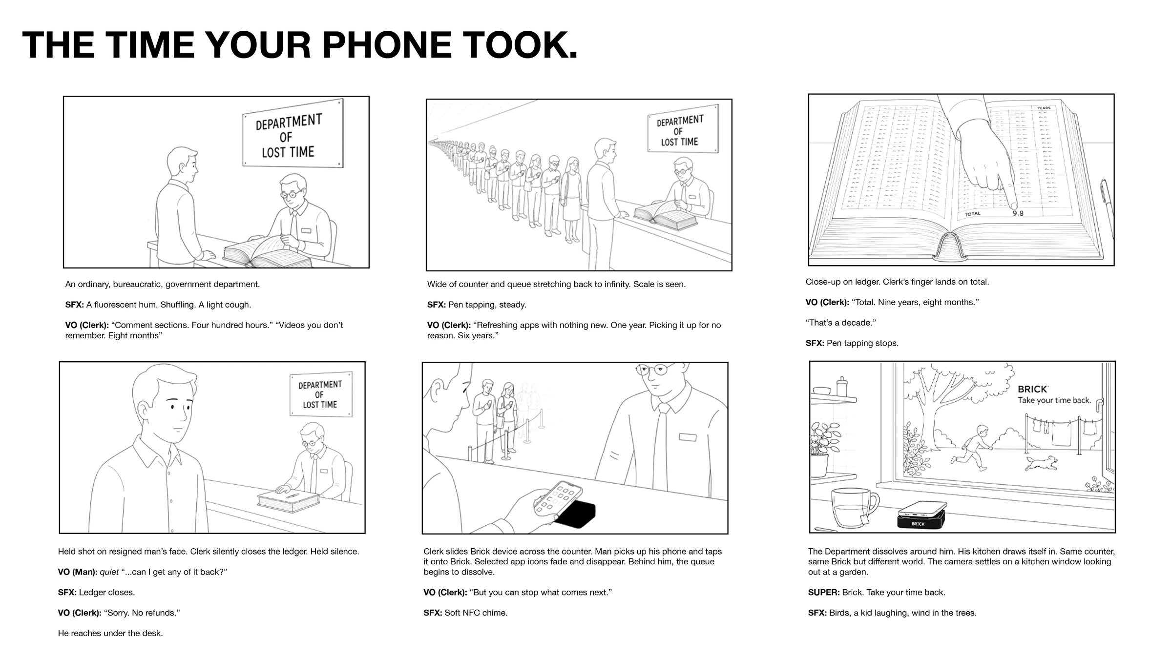 TVC storyboard. A man queues at the Department of Lost Time to be told how much his phone has taken.