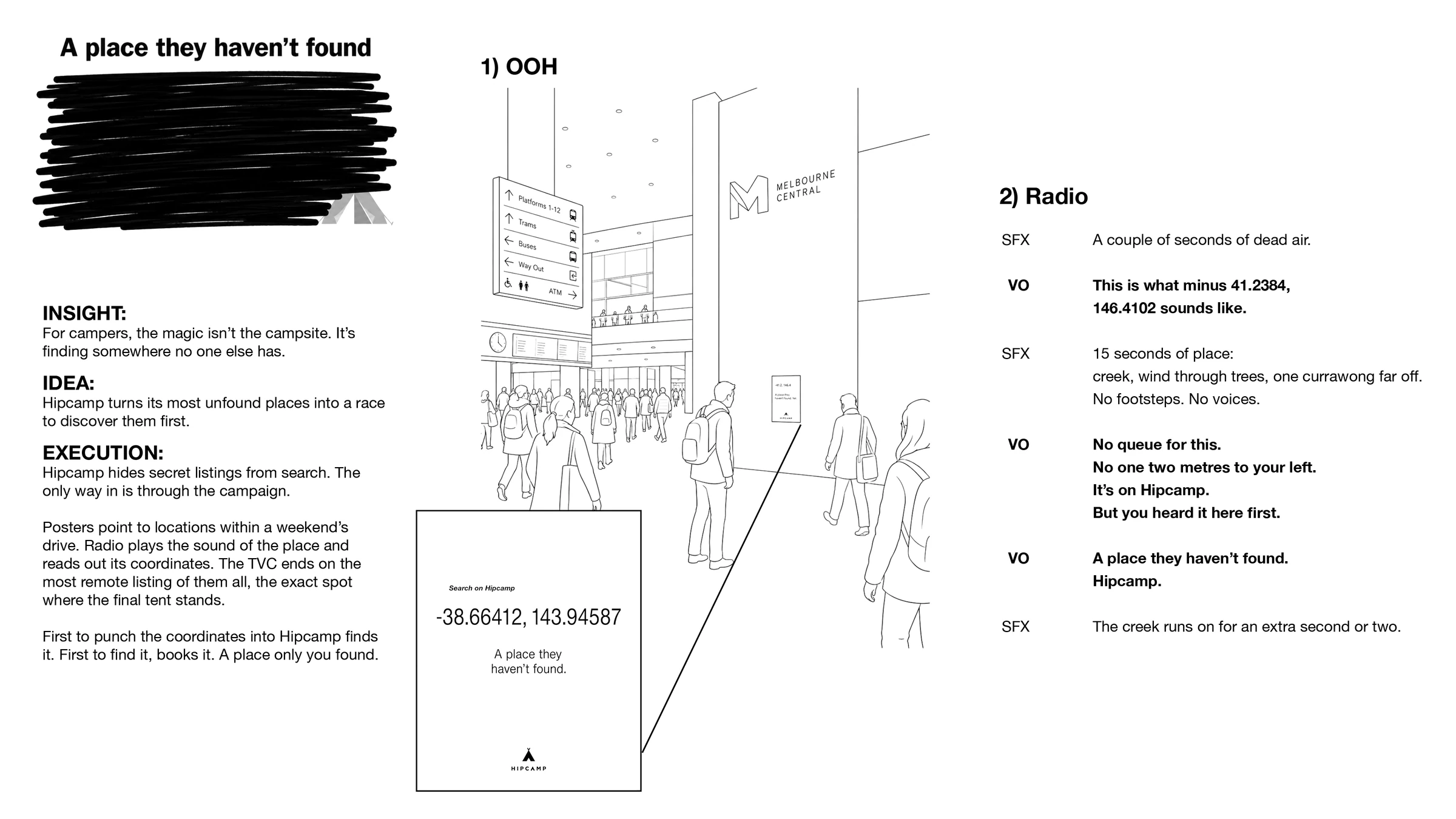 OOH and radio. A poster and a radio spot that give away nothing but coordinates.