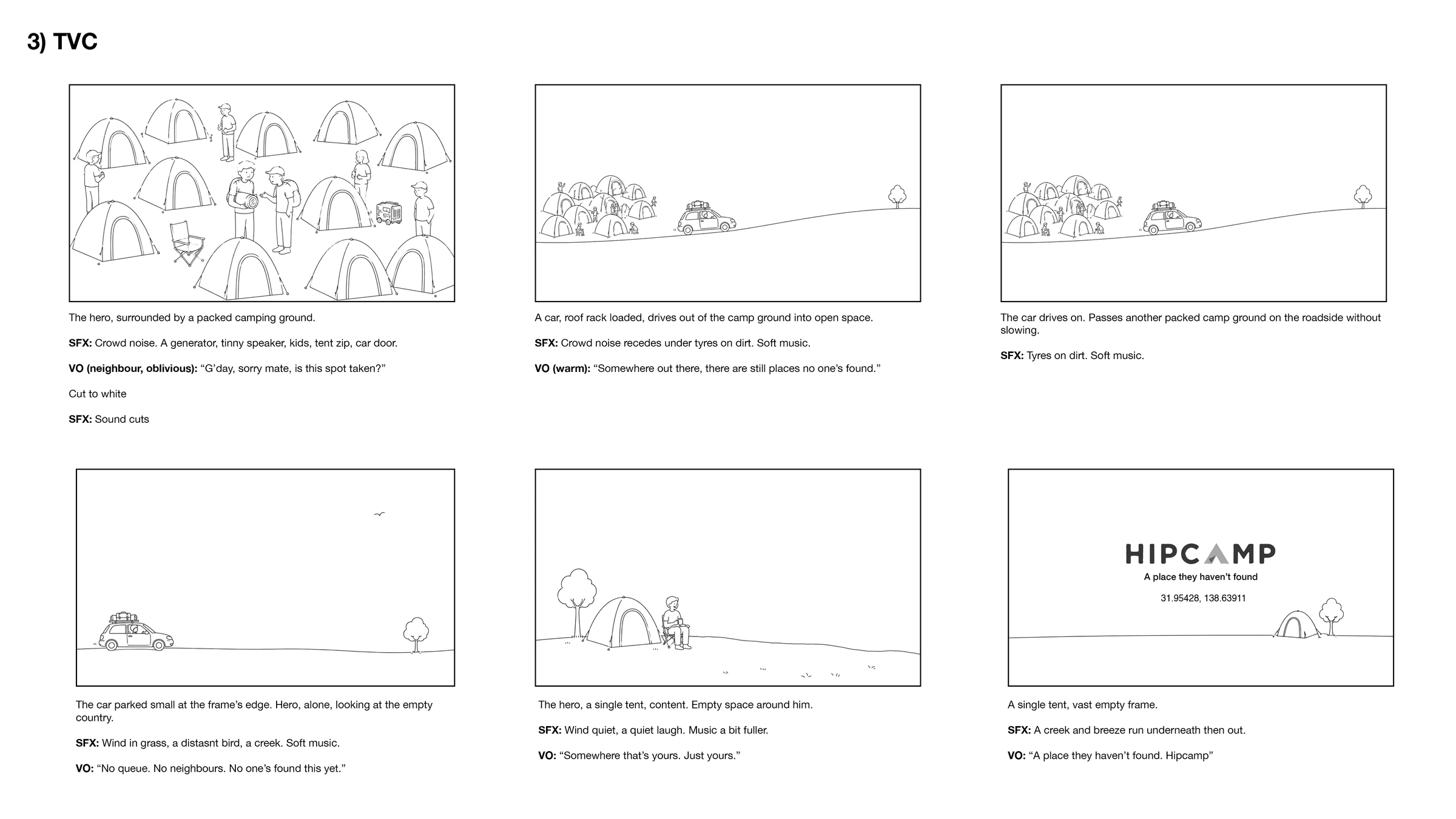 TVC storyboard for Hipcamp — a hero drives away from a crowded campground to an empty one.